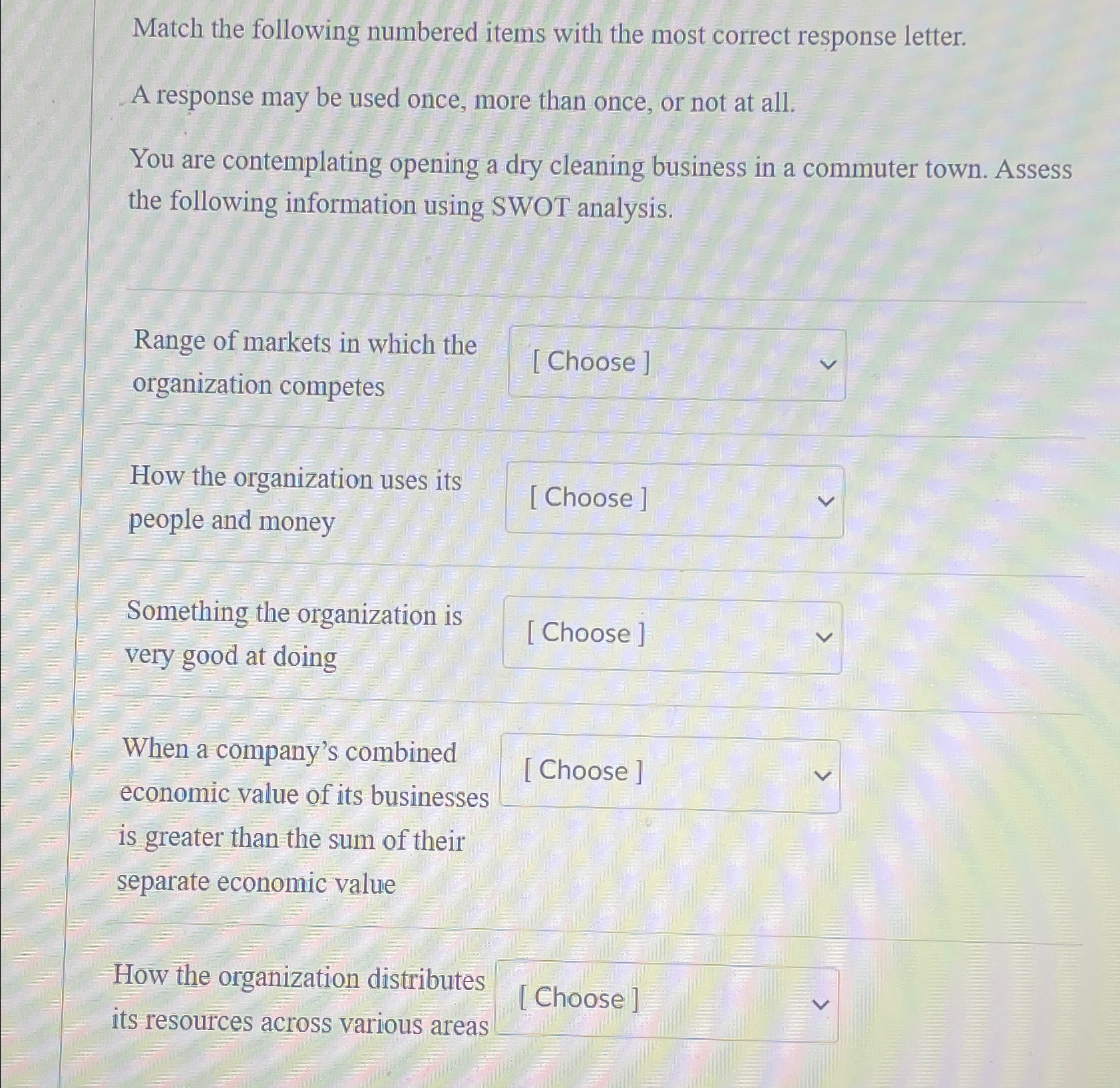  Match the following numbered items with the most correct response letter.