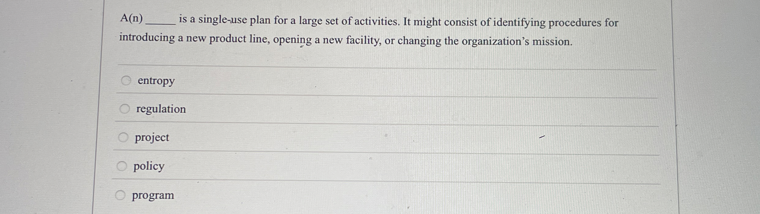  A(n) is a single-use plan for a large set of activities.