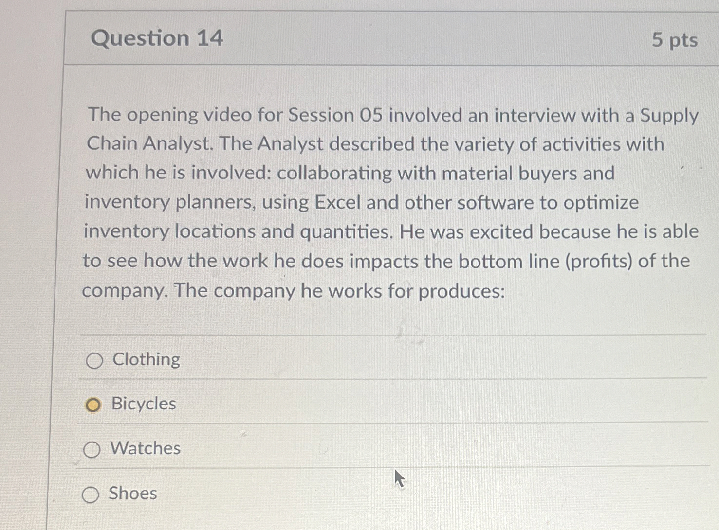  Question 14 The opening video for Session 05 involved an interview