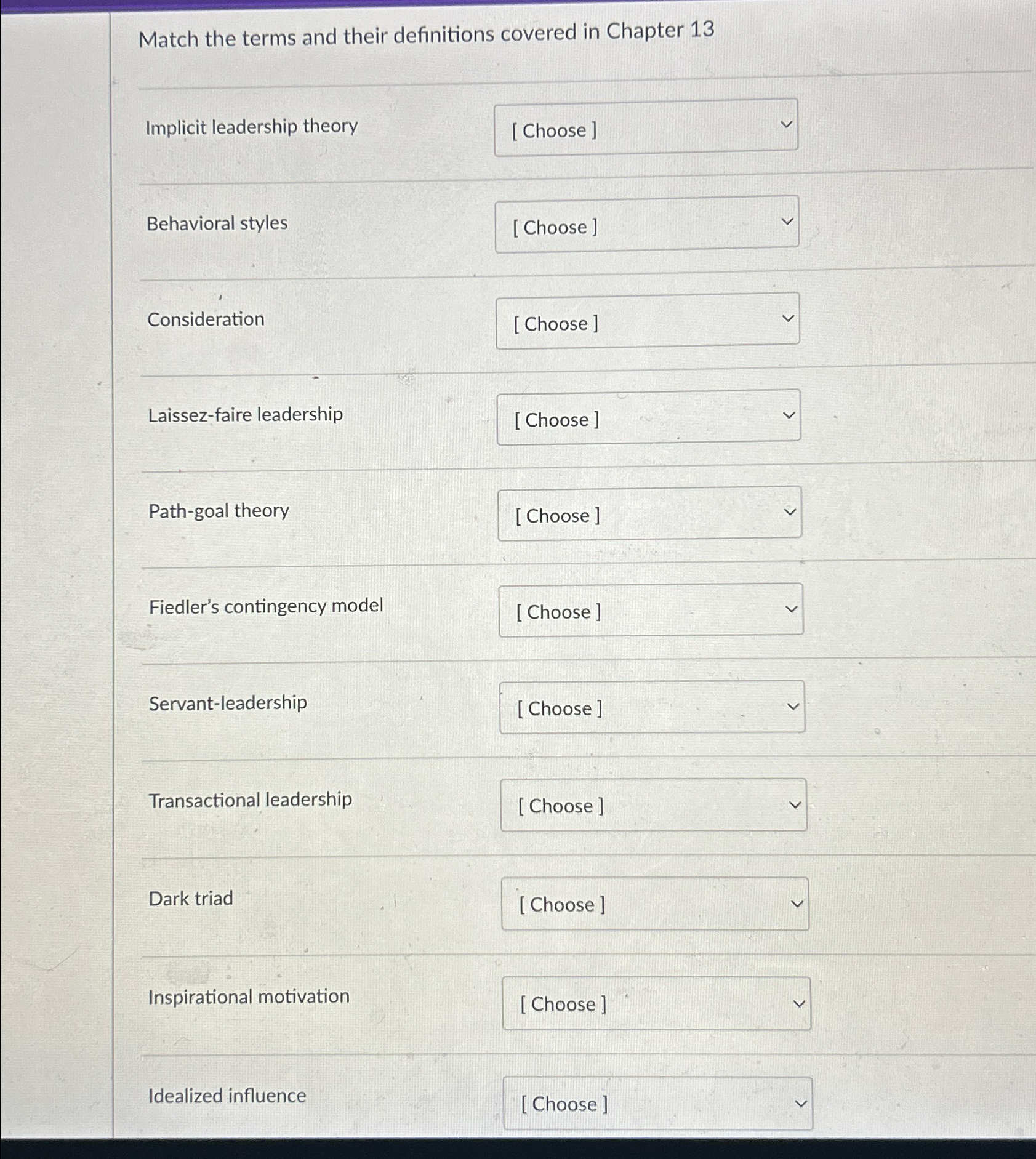  Match the terms and their definitions covered in Chapter 13 Implicit
