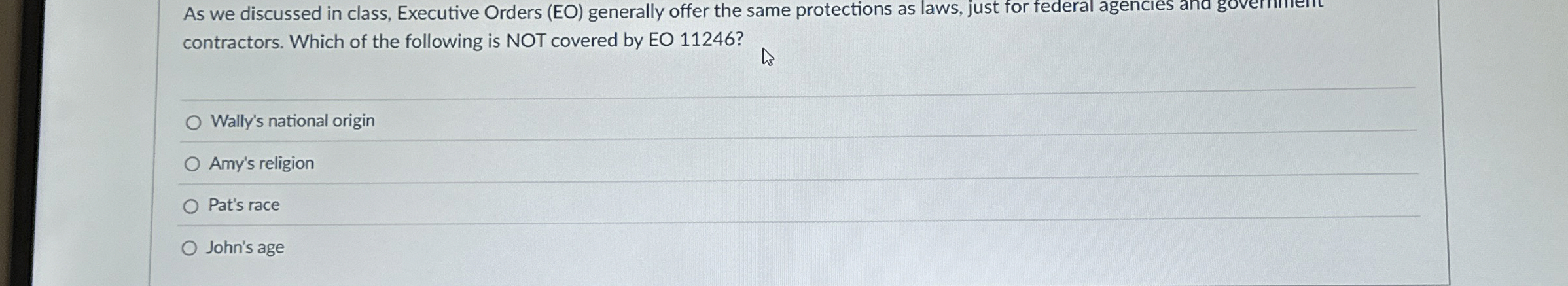  As we discussed in class, Executive Orders (EO) generally offer the