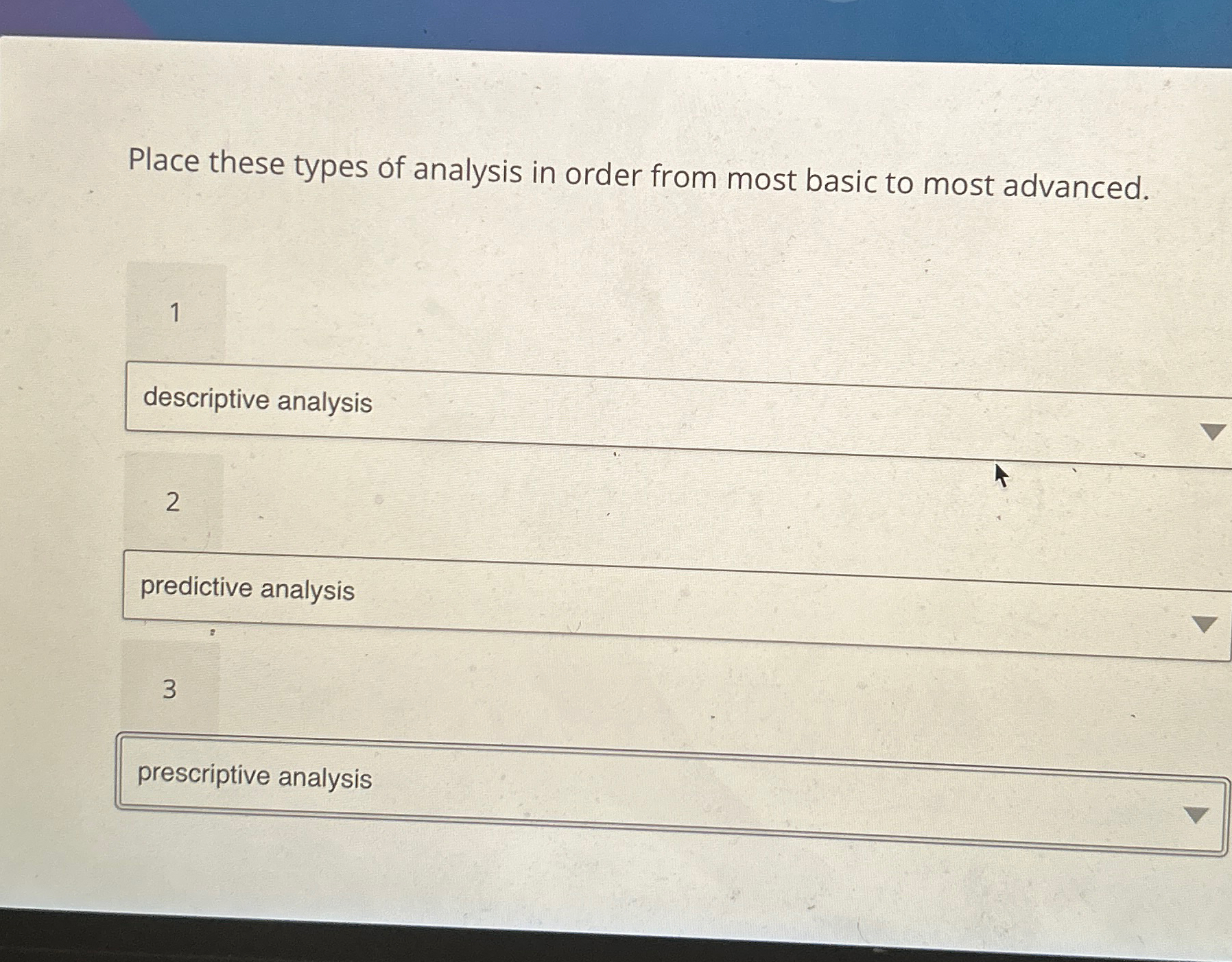  Place these types of analysis in order from most basic to