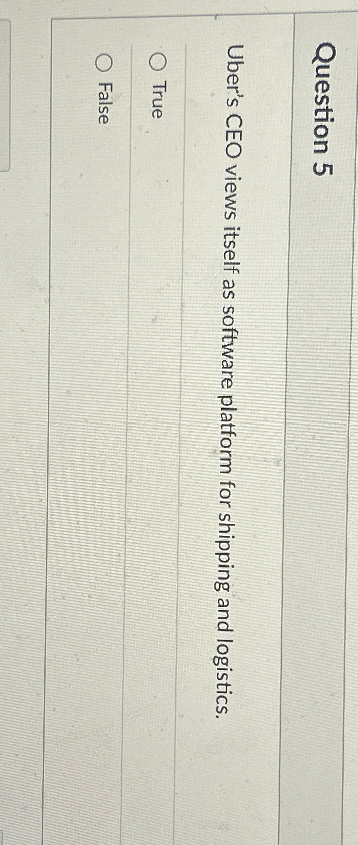  Question 5 Uber's CEO views itself as software platform for shipping