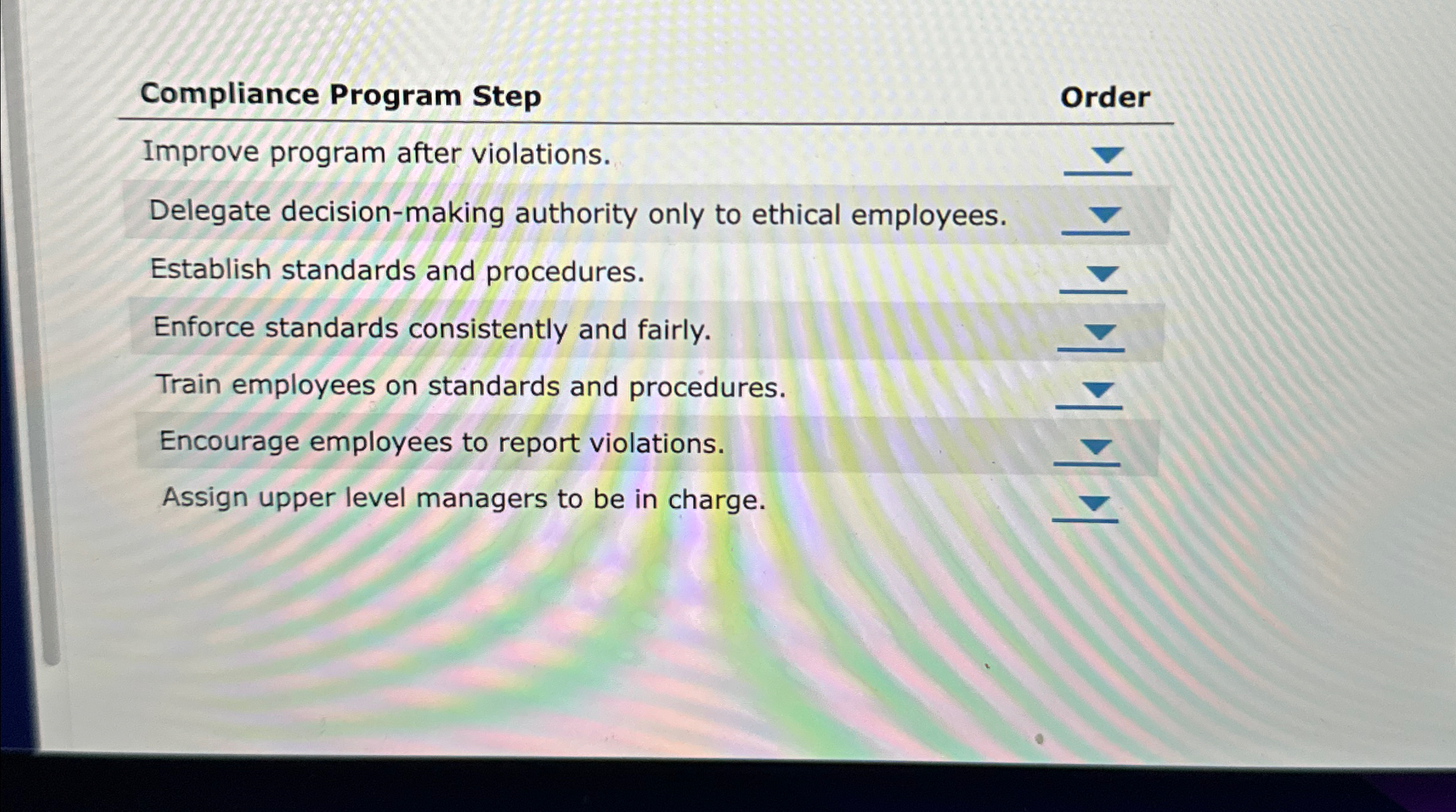  Compliance Program Step Order Improve program after violations. Delegate decision-making authority