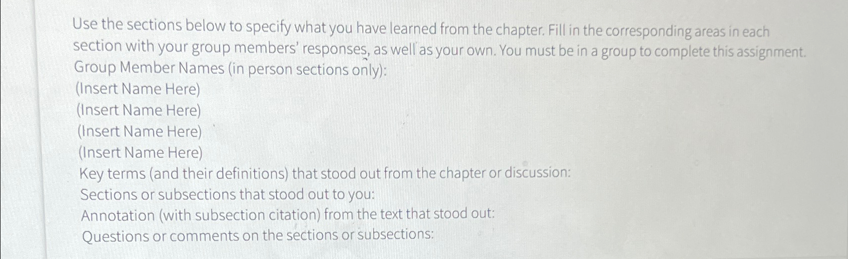  Use the sections below to specify what you have learned from