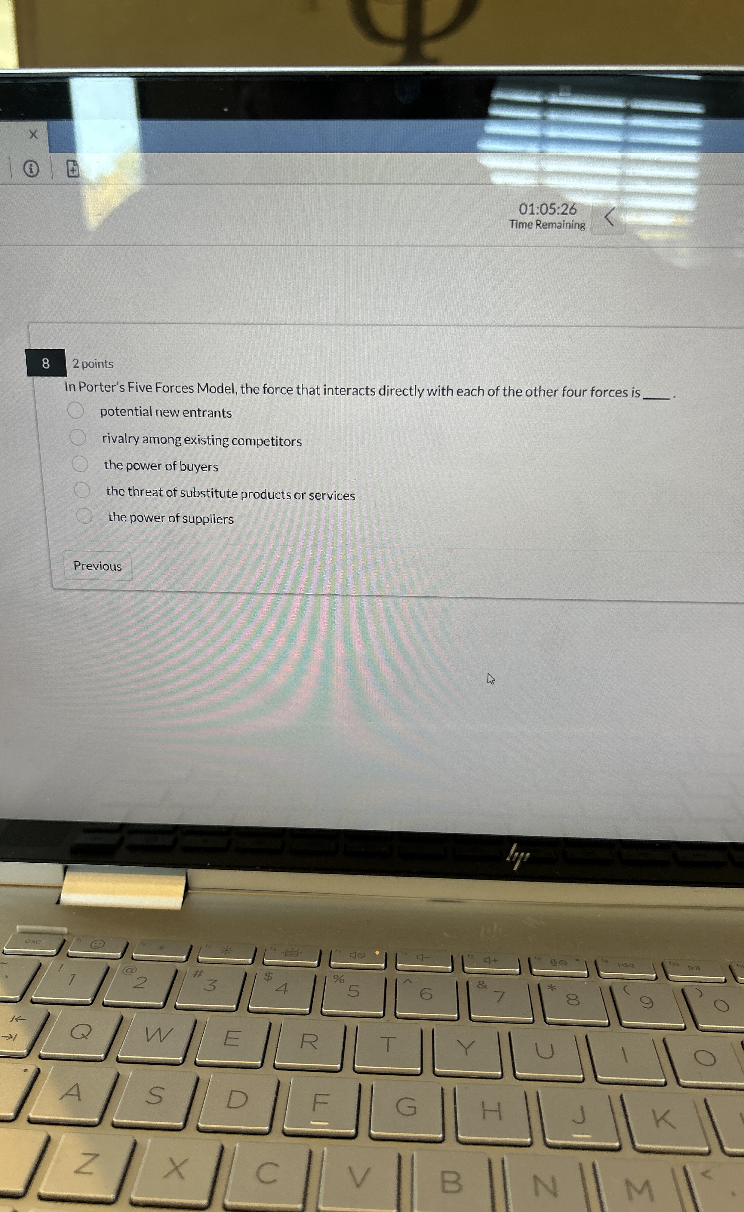  8 01:05:26 Time Remaining 8 2 points In Porter's Five Forces