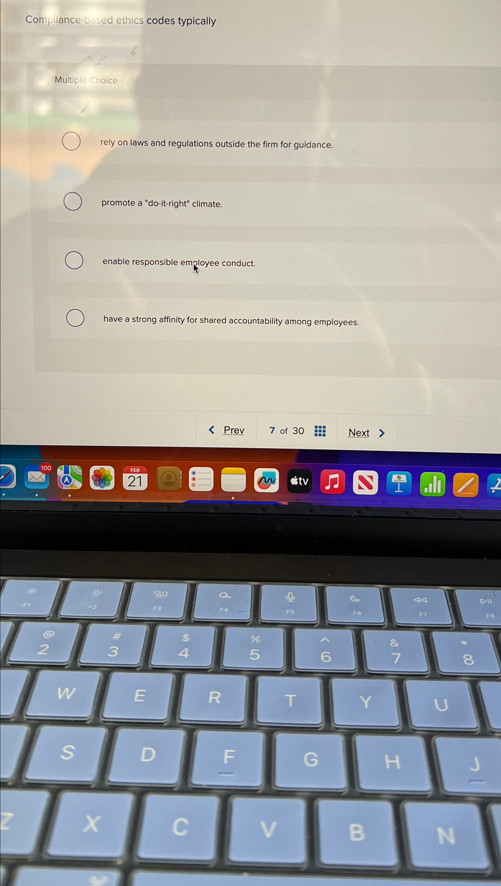  Compliance-based ethics codes typically Multiple Choice rely on laws and regulations