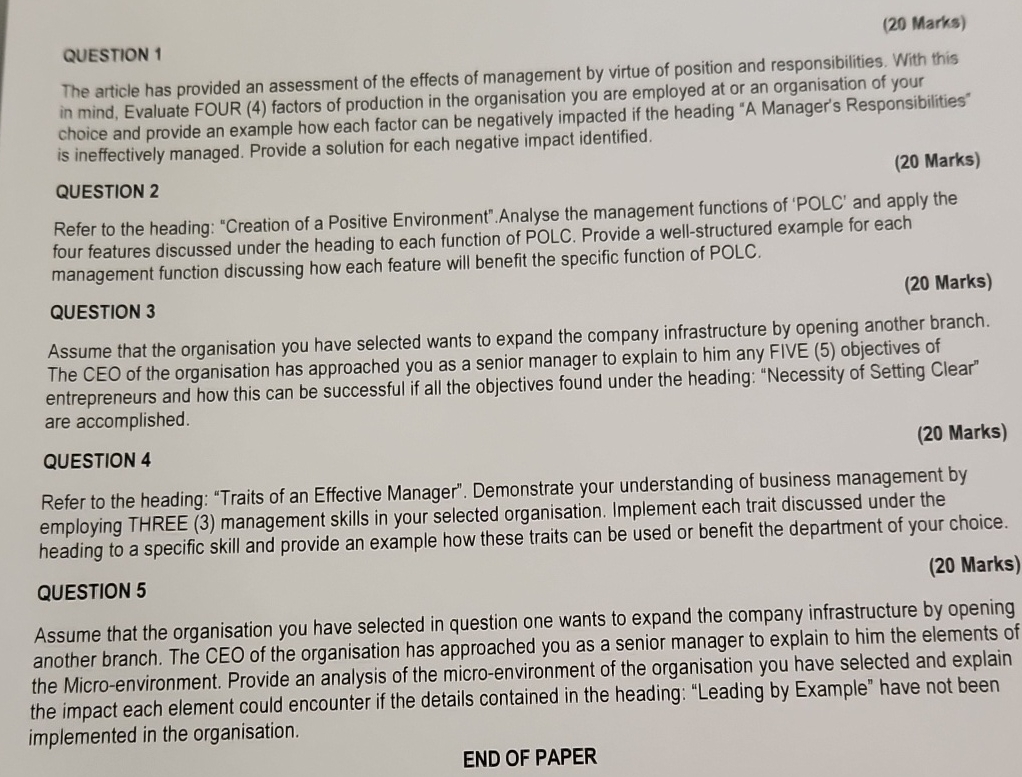  QUESTION 1 (20 Marks) The article has provided an assessment of