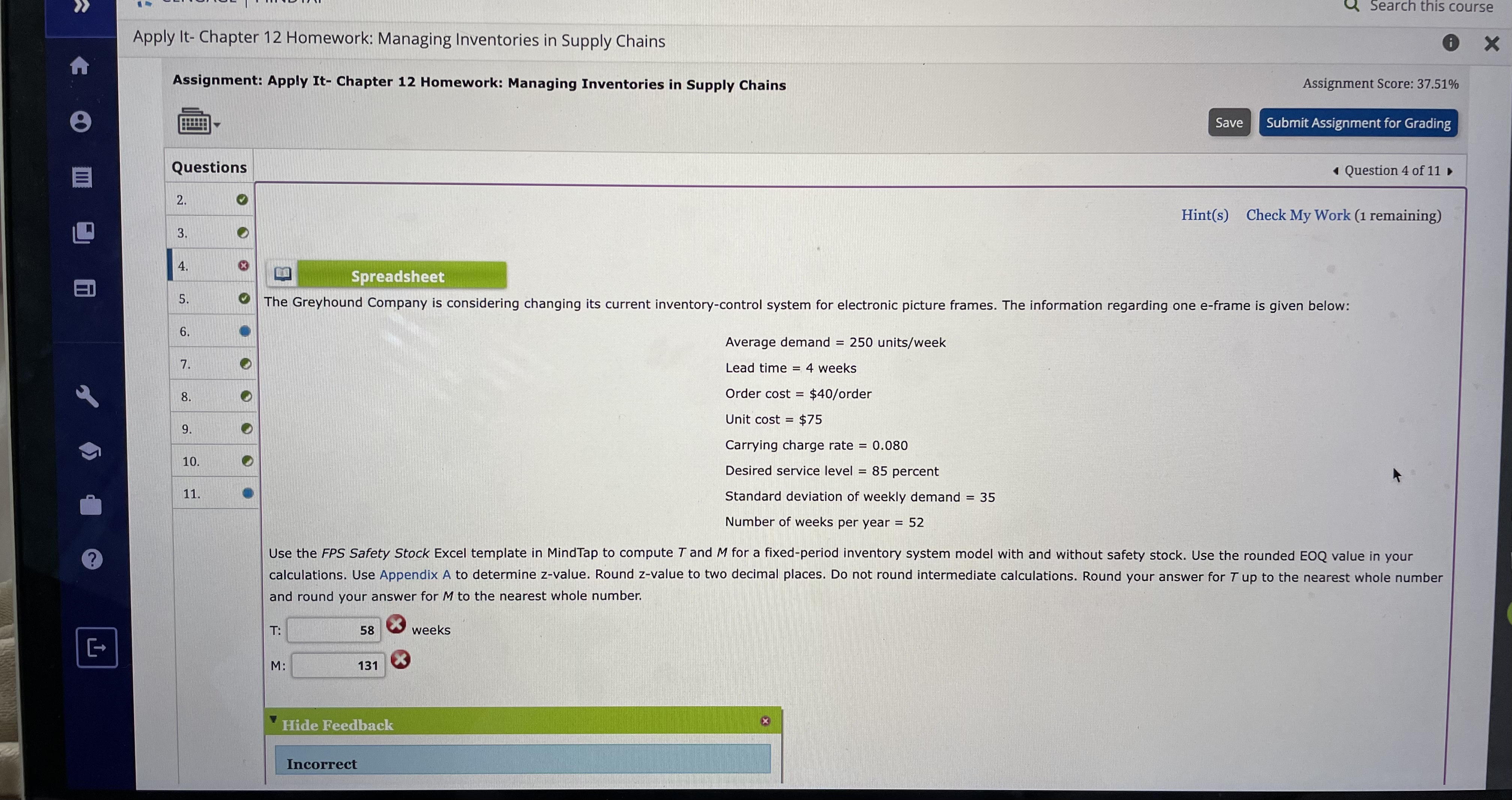  Assignment: Apply It- Chapter 12 Homework: Managing Inventories in Supply Chains