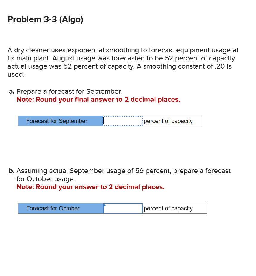  A dry cleaner uses exponential smoothing to forcast equipment usage at