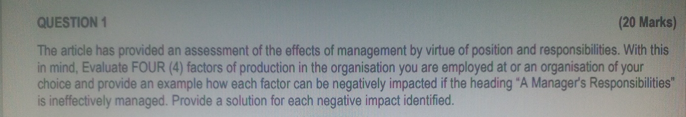  QUESTION 1 (20 Marks) The article has provided an assessment of