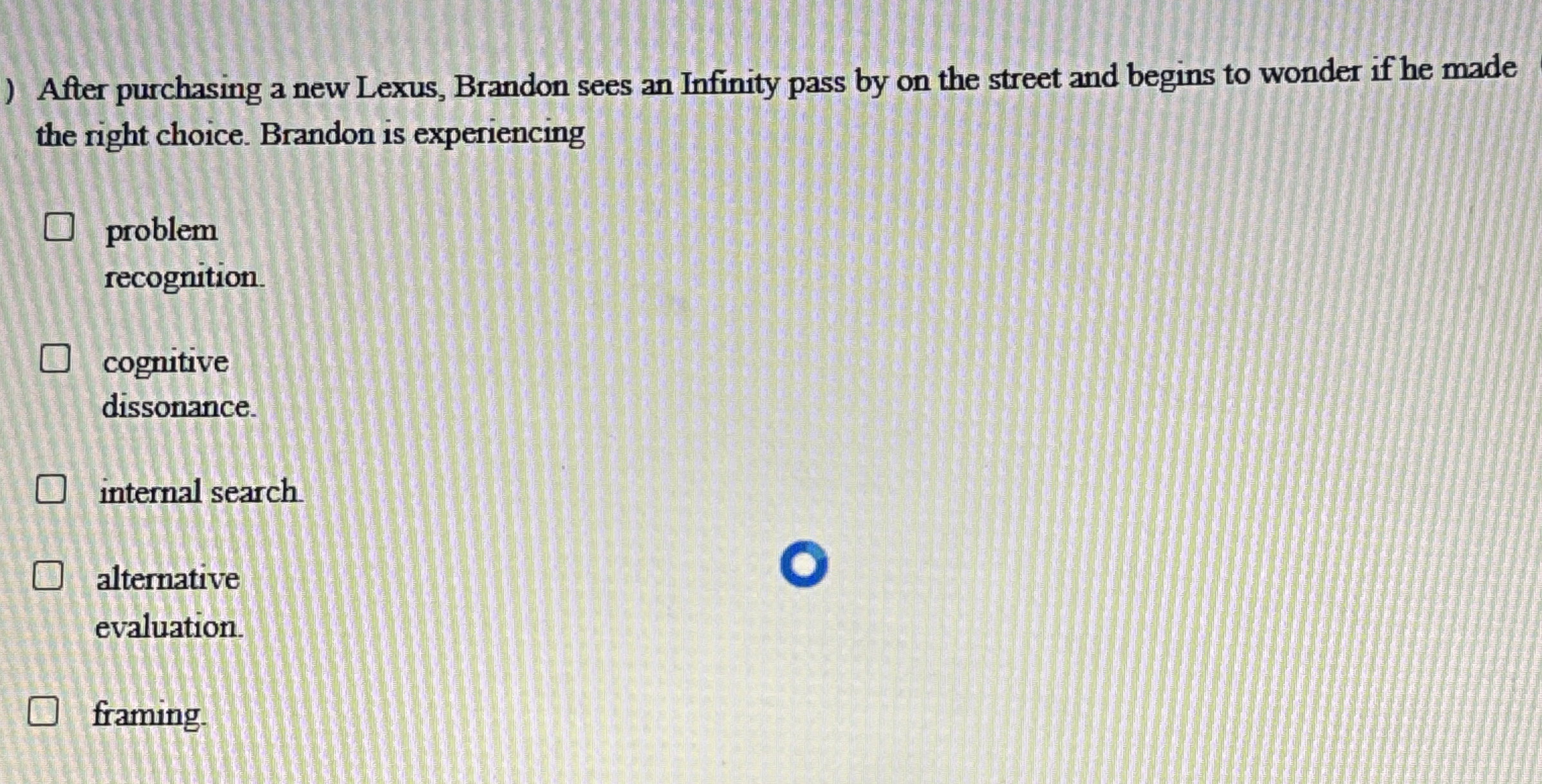  After purchasing a new Lexus, Brandon sees an Infinity pass by