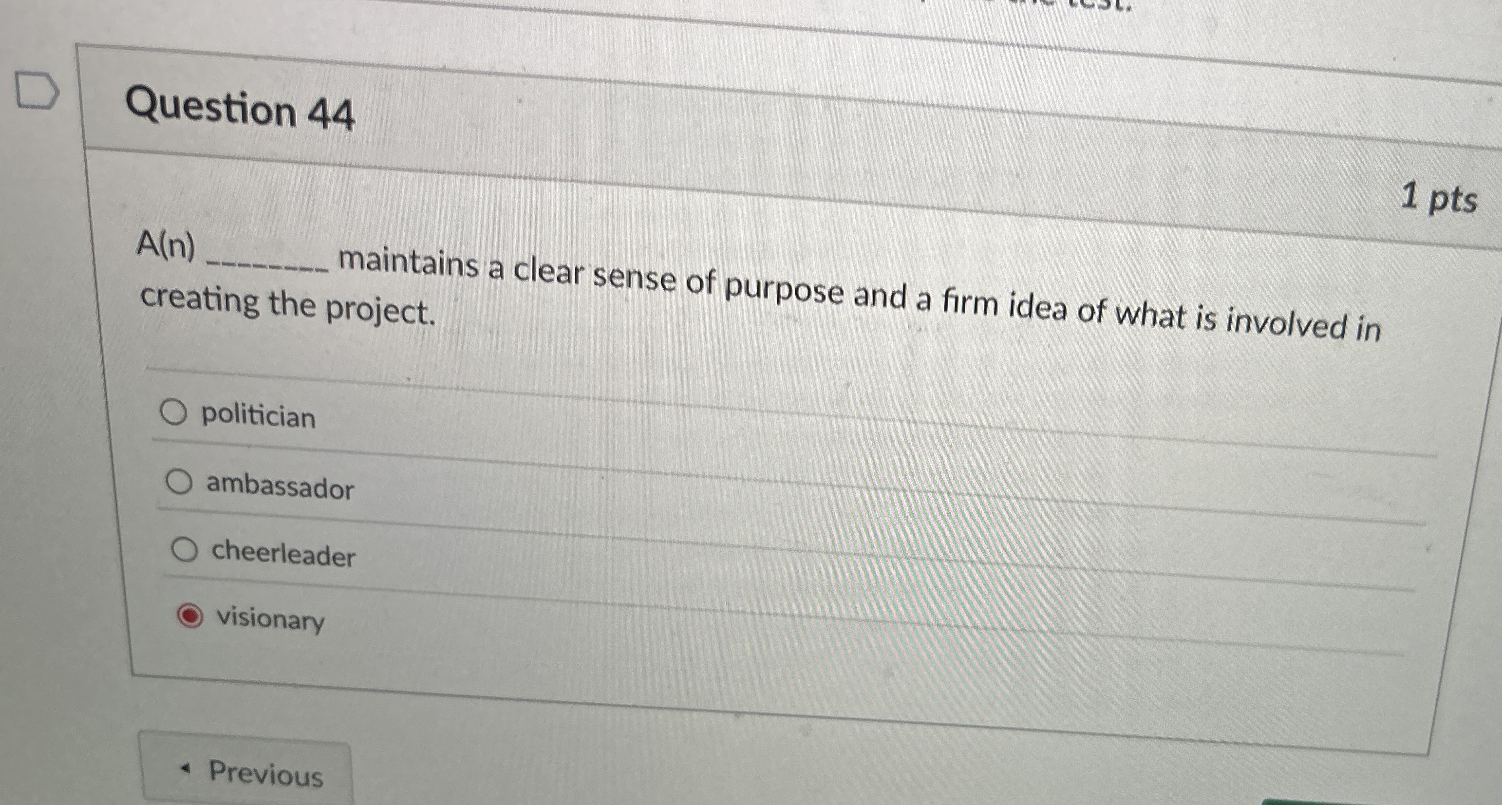  Question 44 1 pts A(n) creating the project. maintains a clear