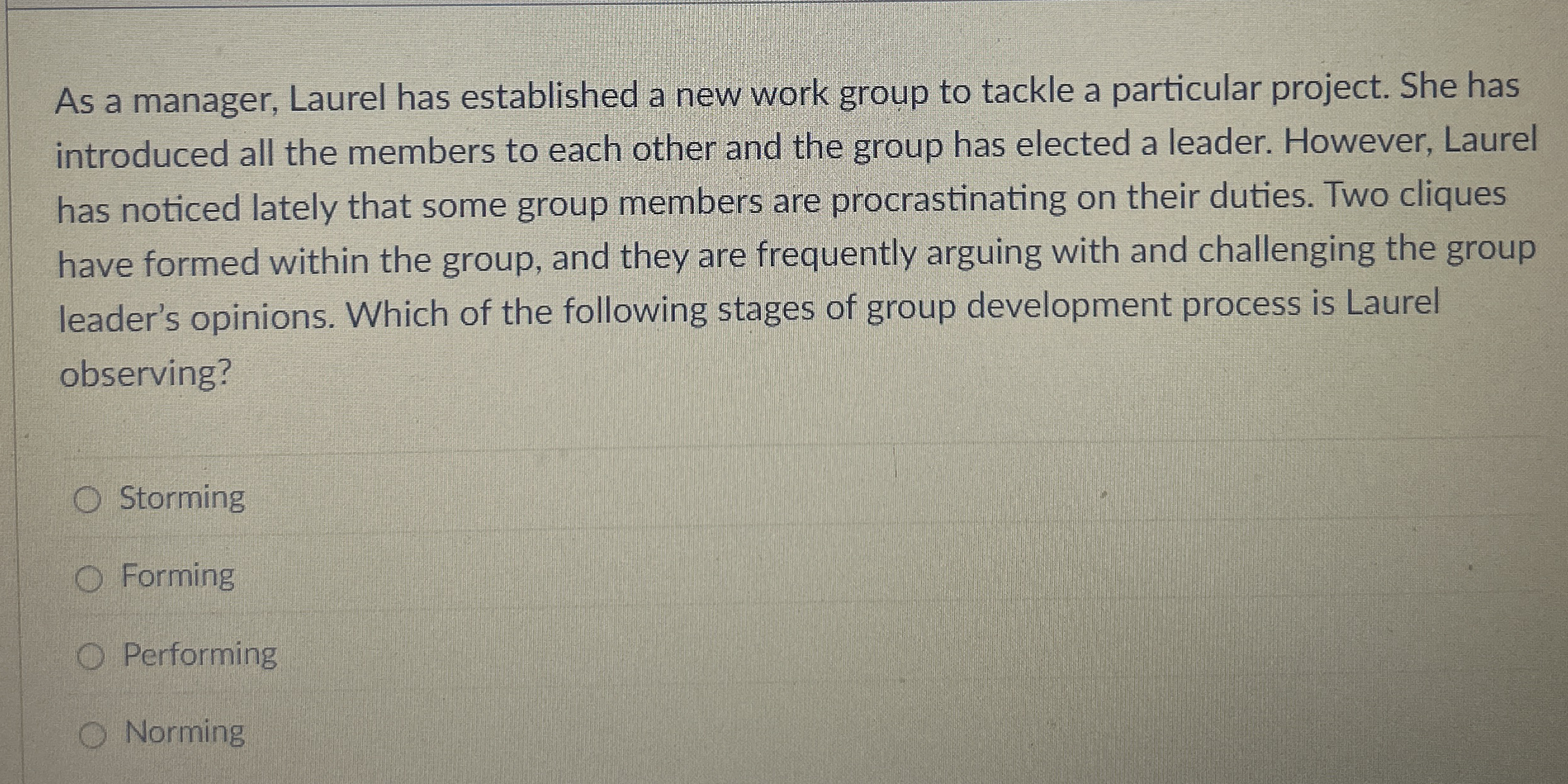  As a manager, Laurel has established a new work group to