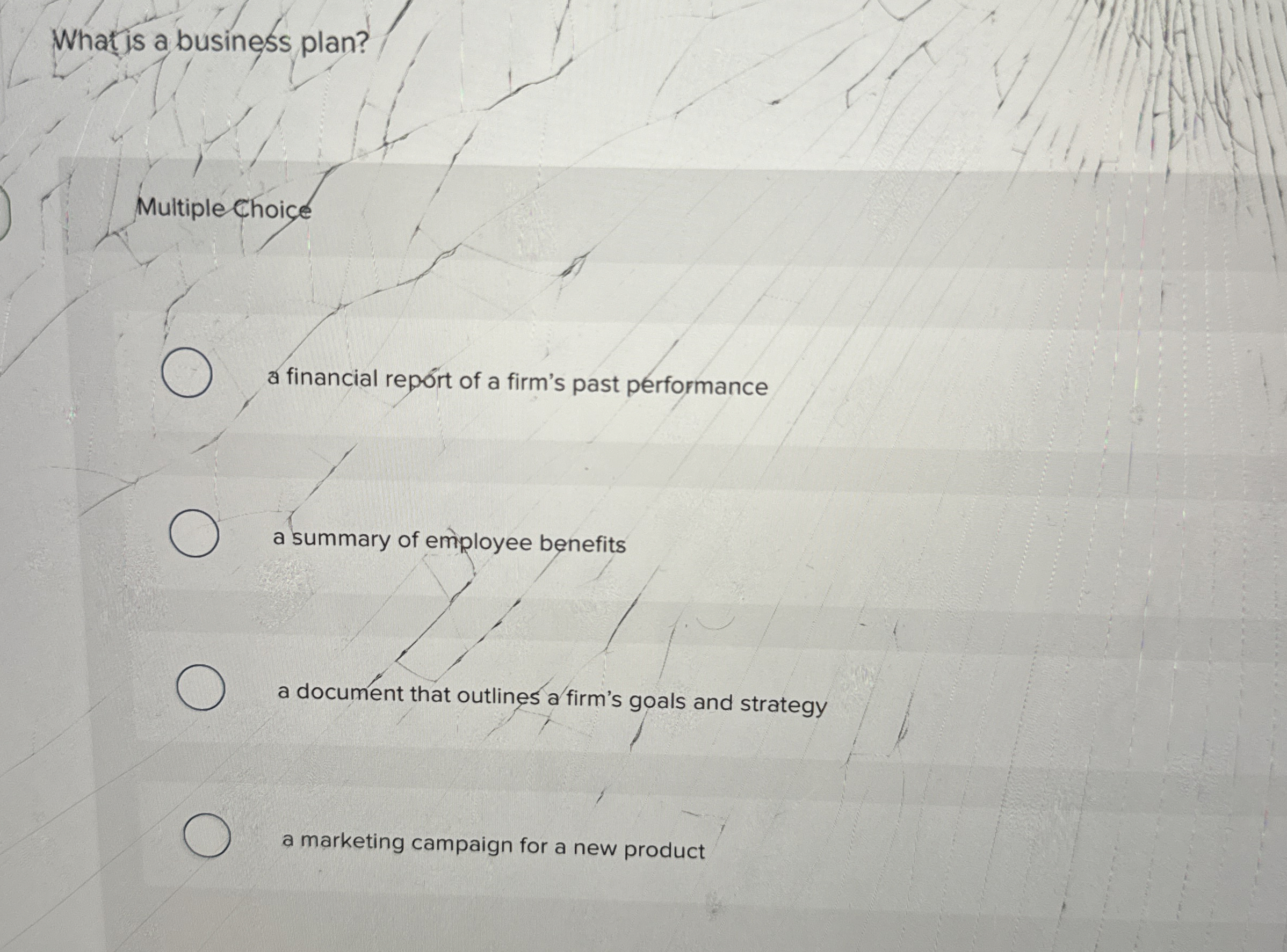  Whatis a business plan? Multiple Choice a financial reprt of a