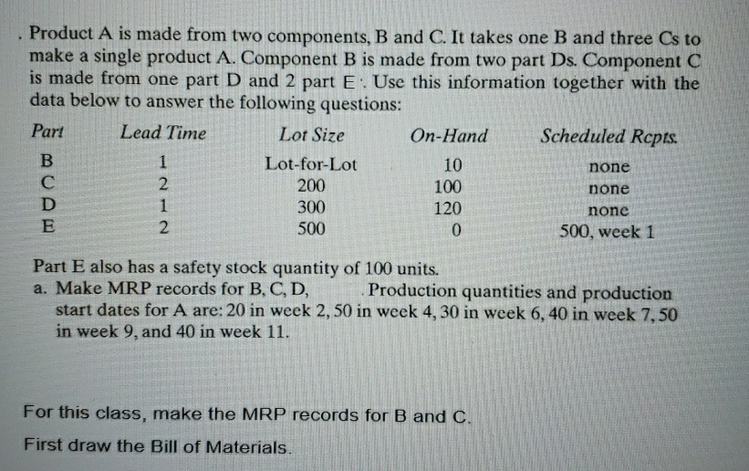  Product A is made from two components, B and C .