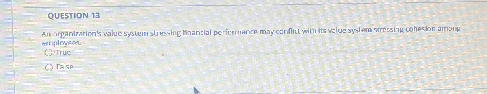  QUESTION 13 An organization's value system stressing financial performance may conflict