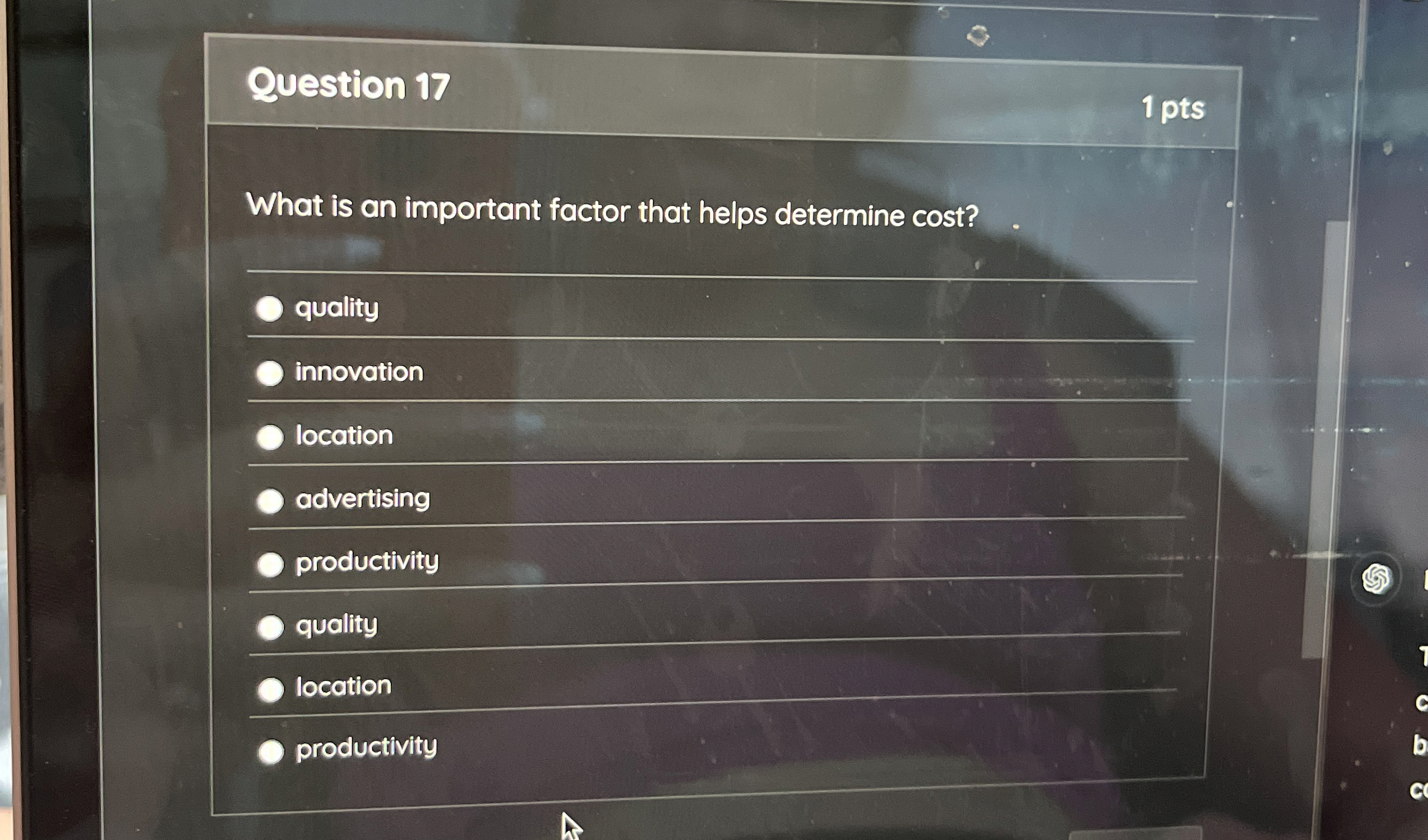  Question 17 1 pts What is an important factor that helps