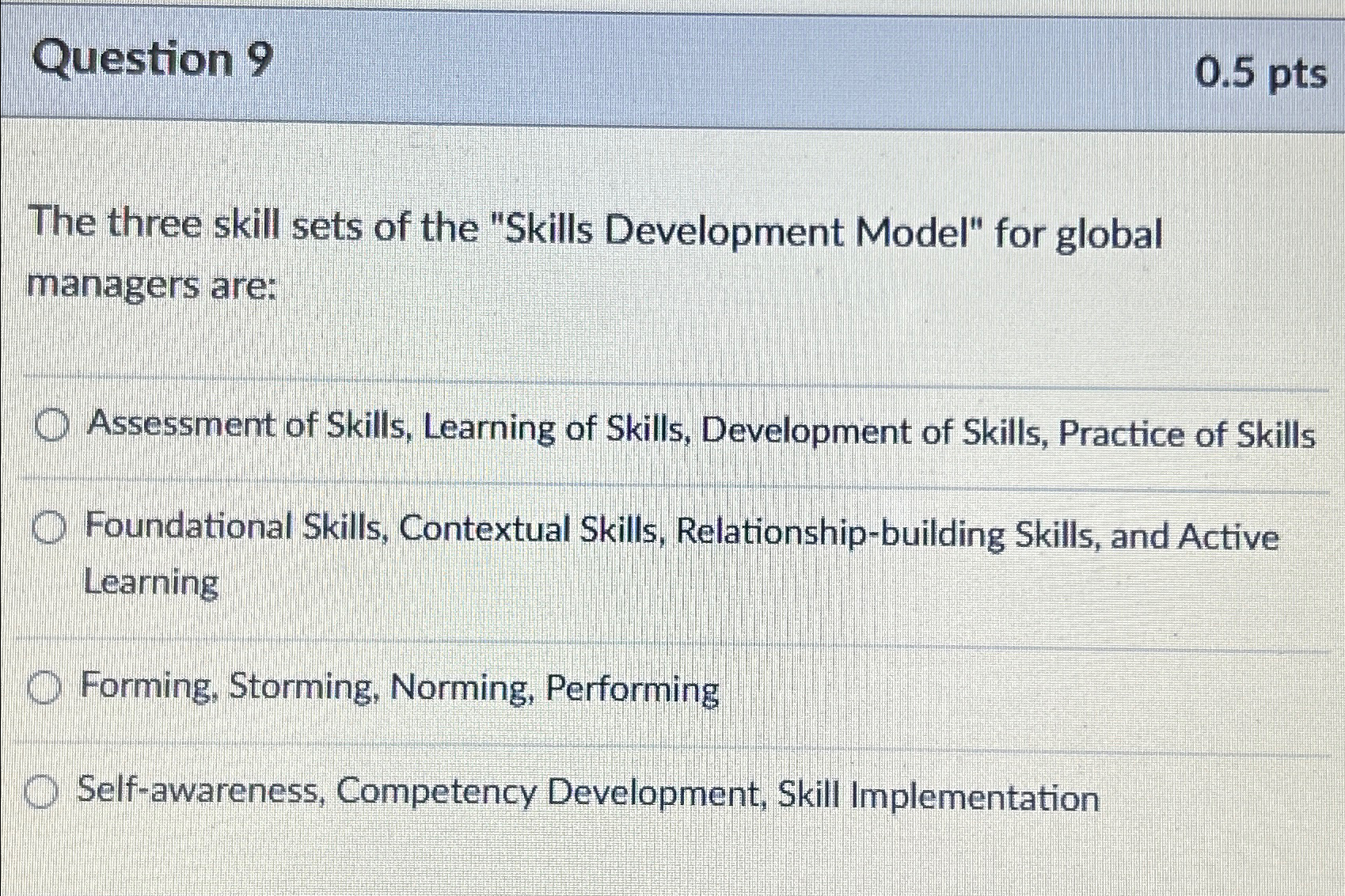  Question 9 0.5pts The three skill sets of the "Skills Development