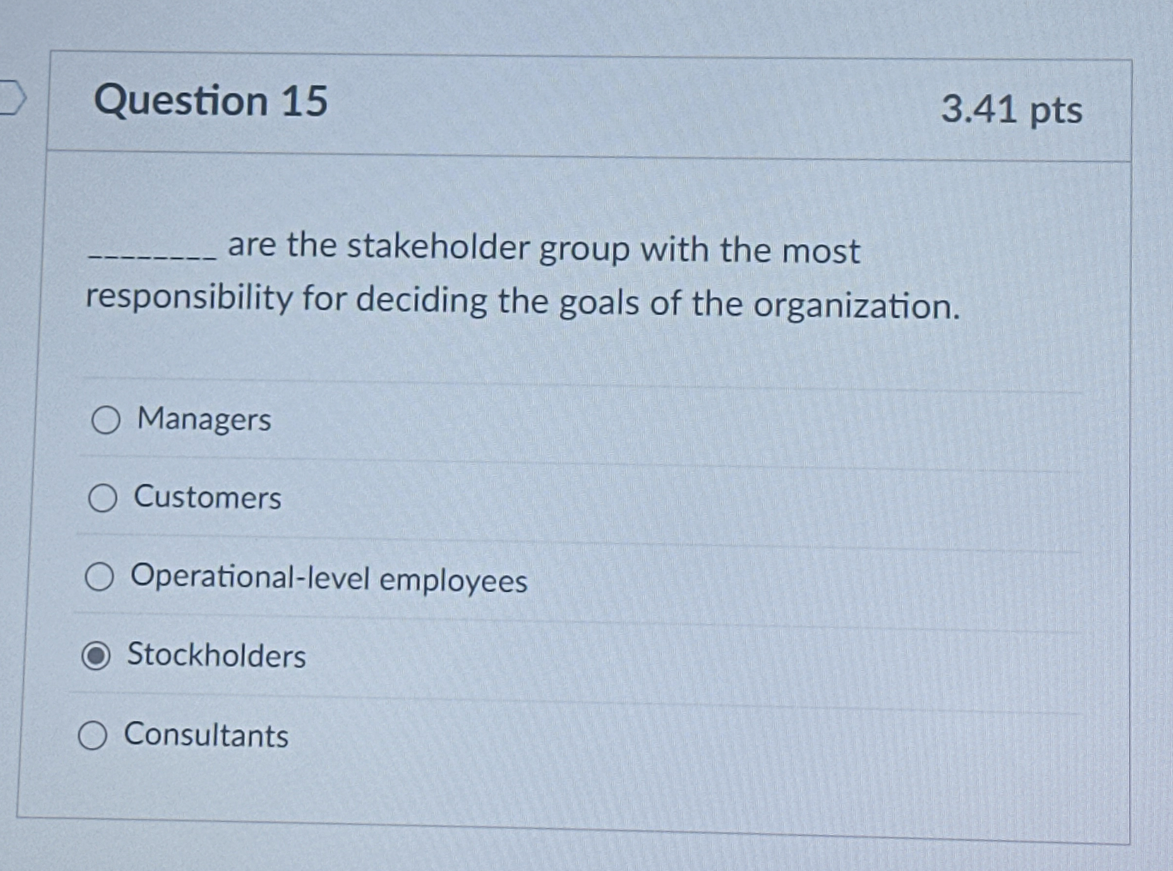  Question 15 are the stakeholder group with the most responsibility for