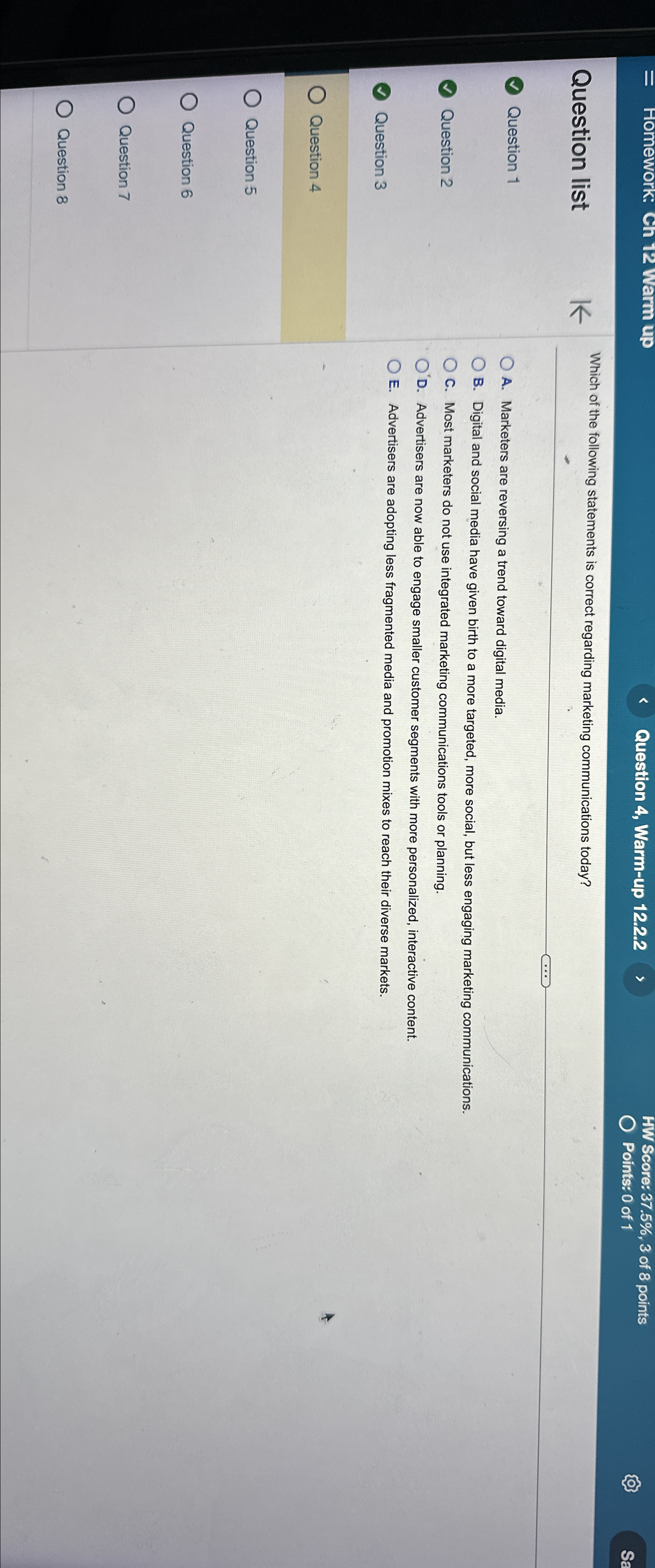  Question 4, Warm-up 12.2.2 HW Score: 37.5%,3 of 8 points Points: