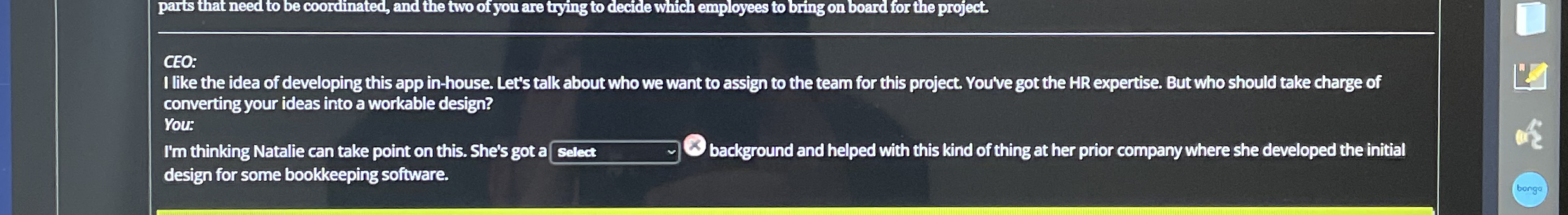  CEO: 1 like the idea of developing this app in-house. Let's