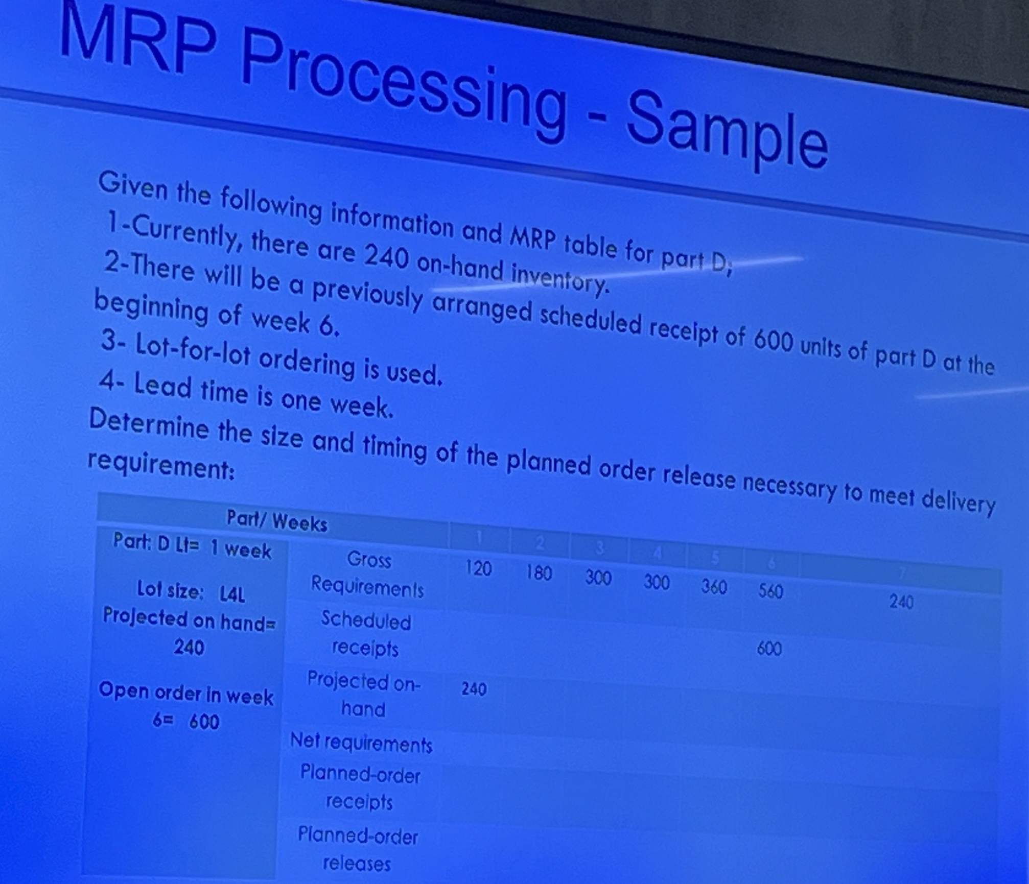  MRP Processing - Sample Given the following information and MRP table