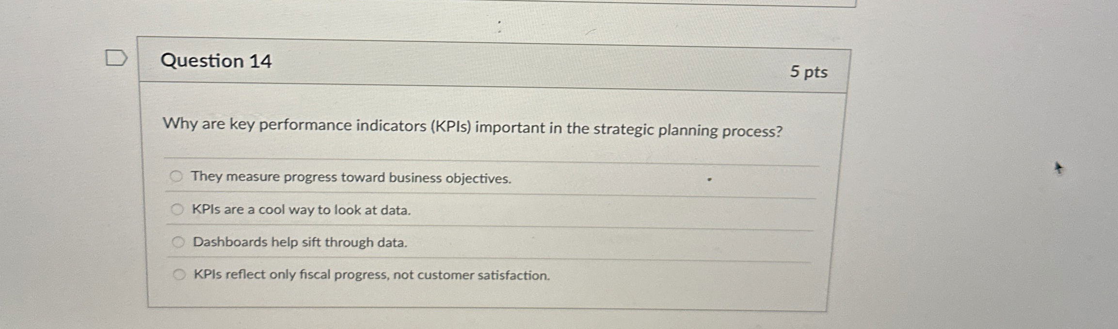  Question 14 5 pts Why are key performance indicators (KPIs) important