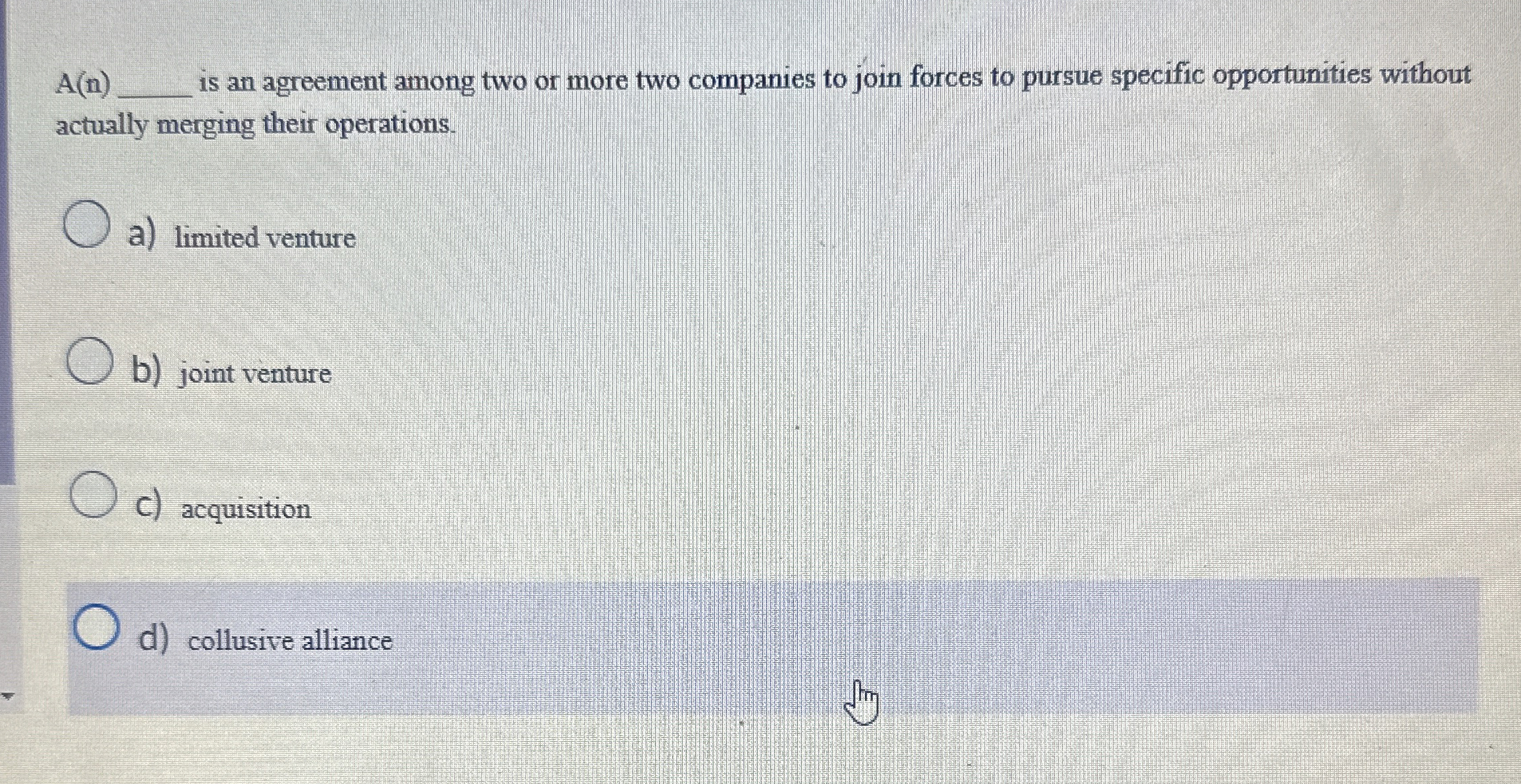  A(n) s an agreement among two or more two companies to