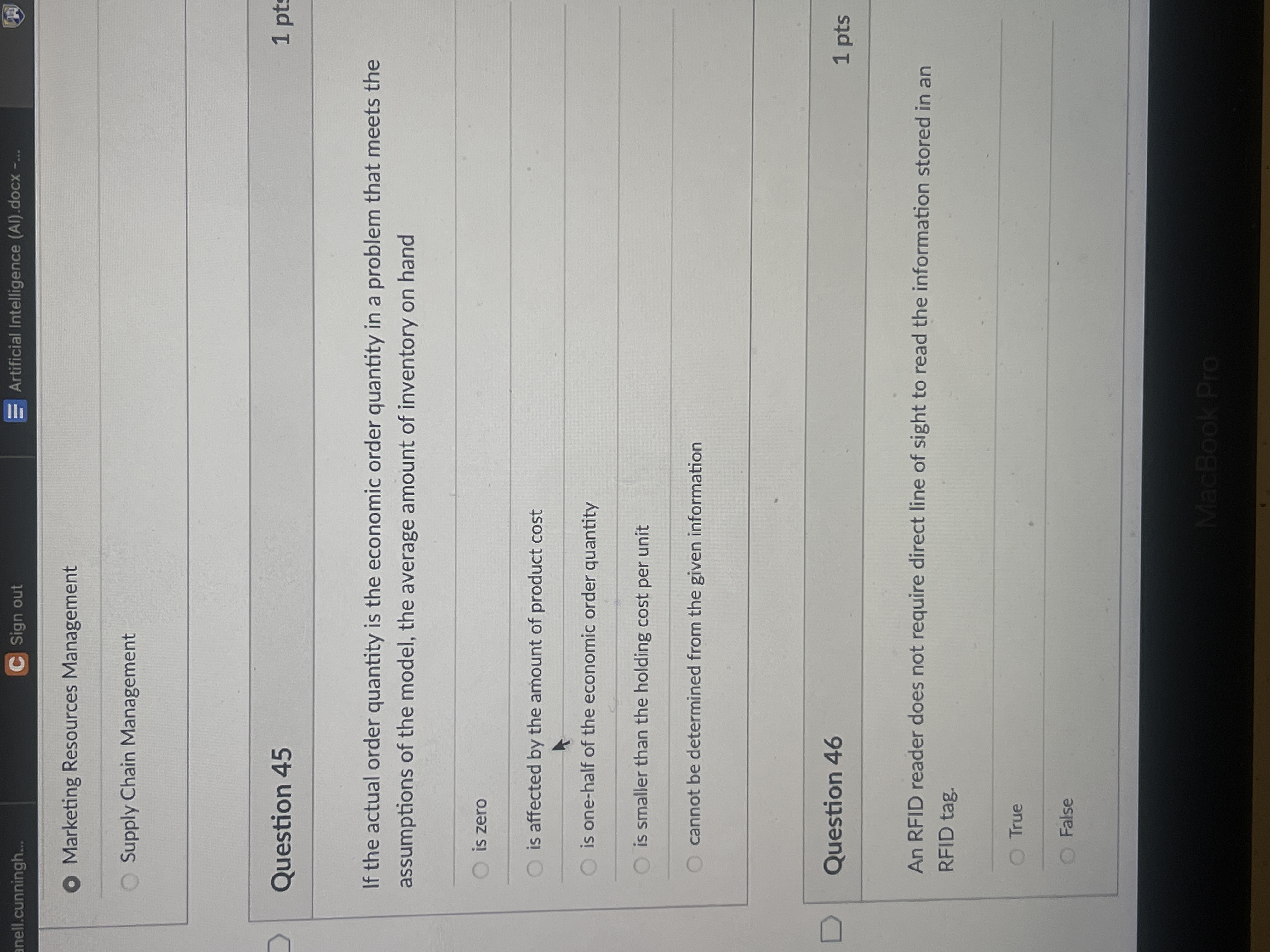  Question 45 If the actual order quantity is the economic order