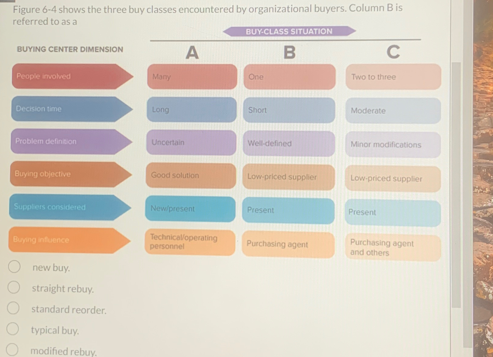  Figure 6-4 shows the three buy classes encountered by organizational buyers.