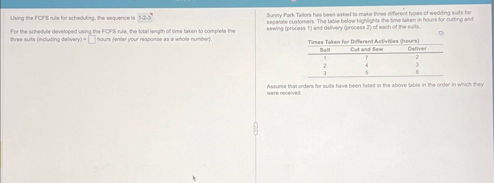  Using the FCFS rule for scheduling, the sequence is 1-2-3. For