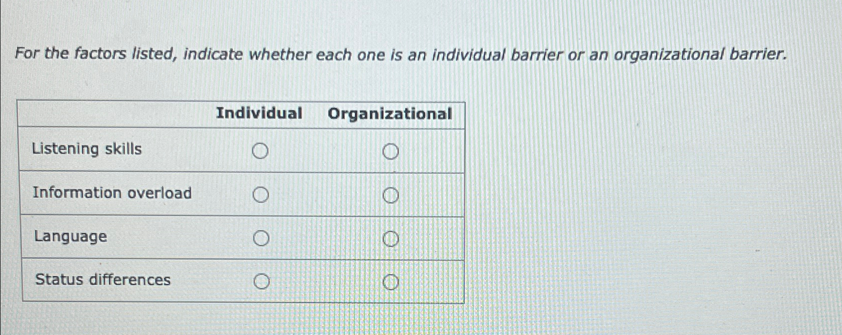  For the factors listed, indicate whether each one is an individual
