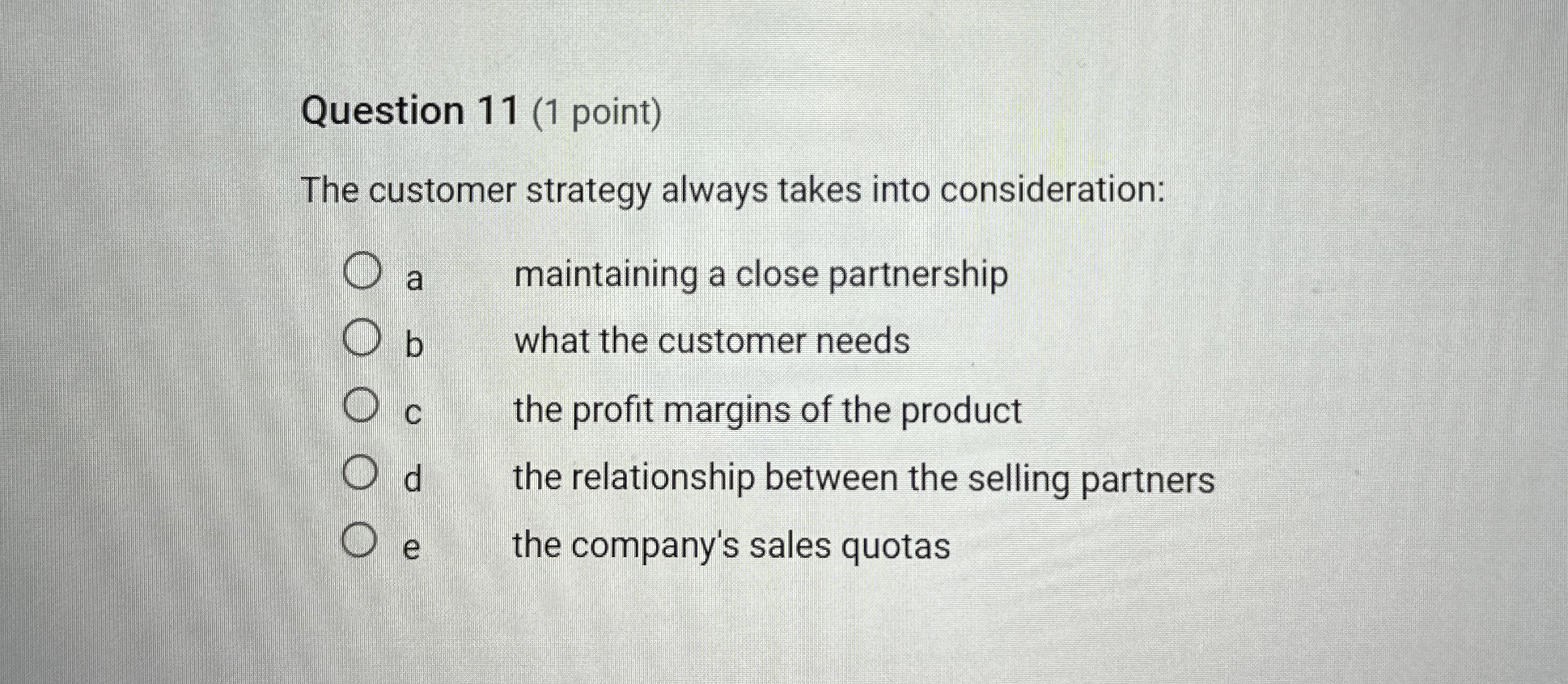  Question 11(1 point) The customer strategy always takes into consideration: a