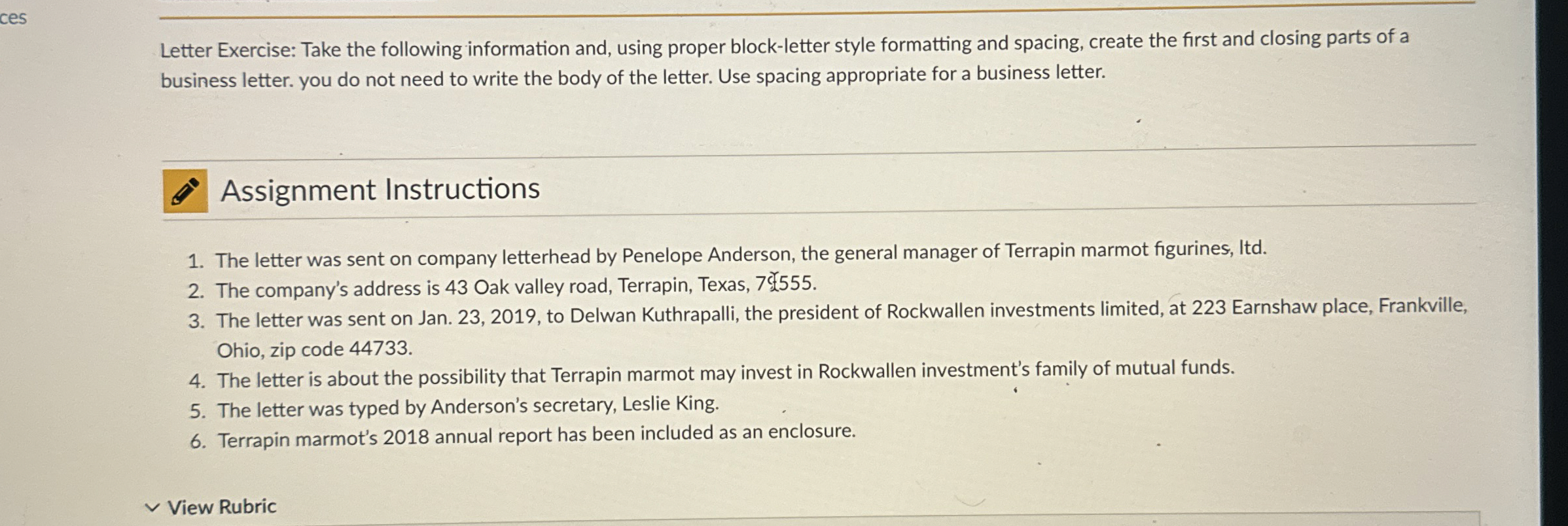  Letter Exercise: Take the following information and, using proper block-letter style