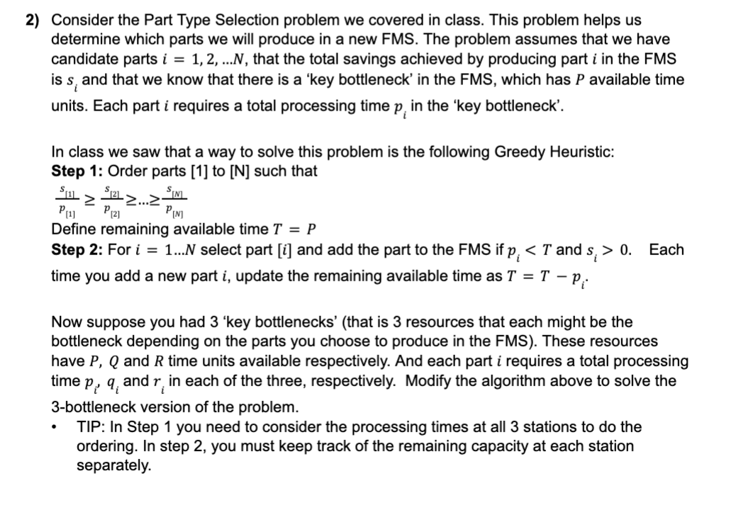 Consider the Part Type Selection problem we covered in class. This