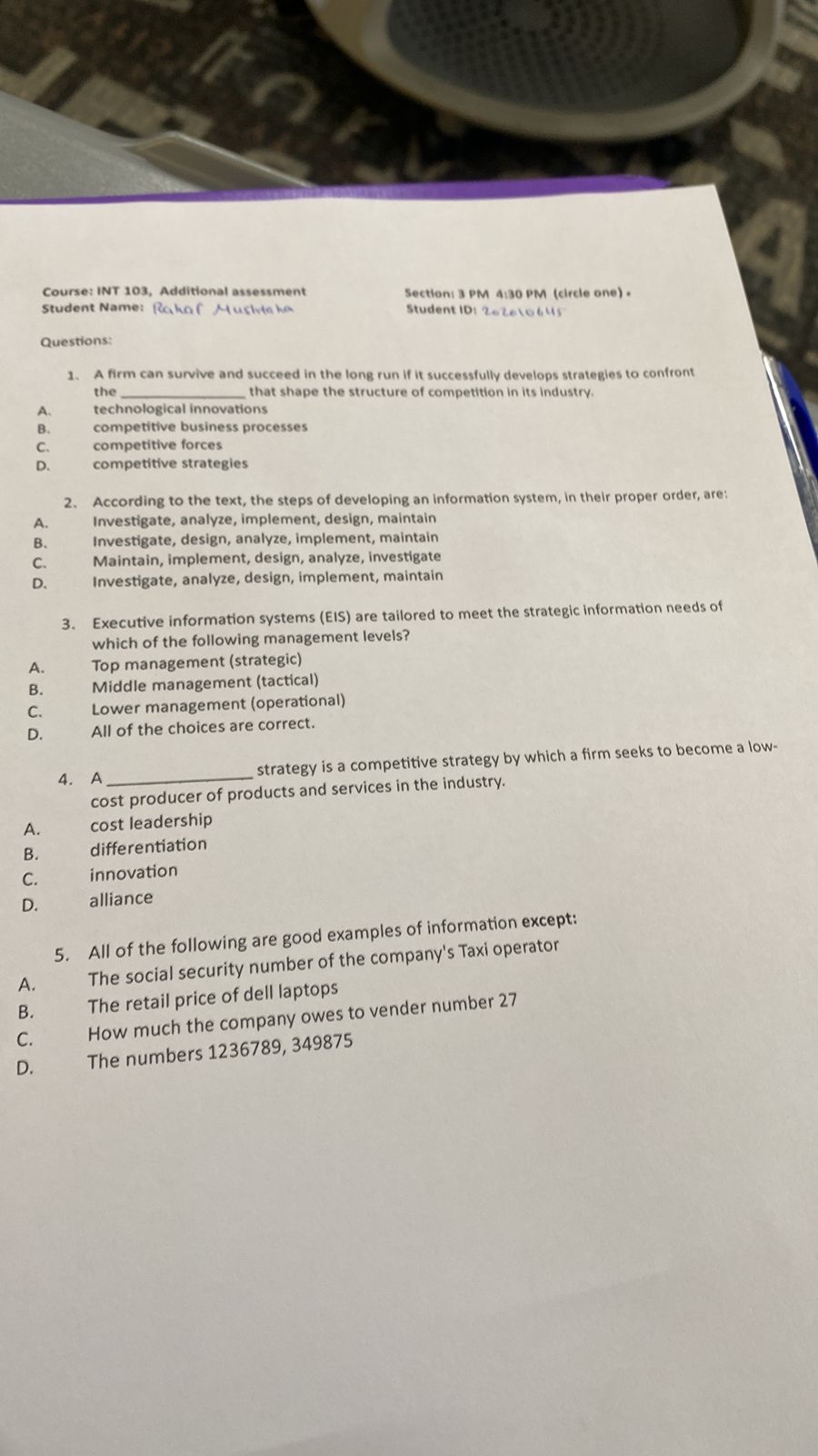  Course: INT 103, Additional assessment Student Name: Rahef Mushtake Sectioni 3