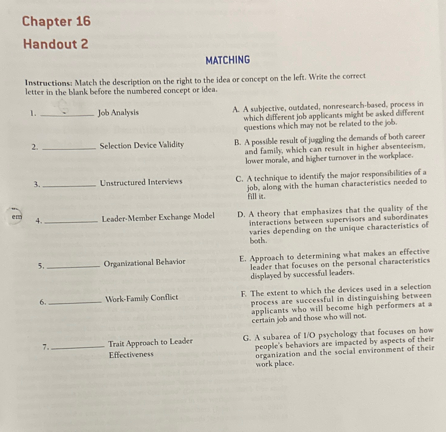  Chapter 16 Handout 2 MATCHING Instructions: Match the description on the