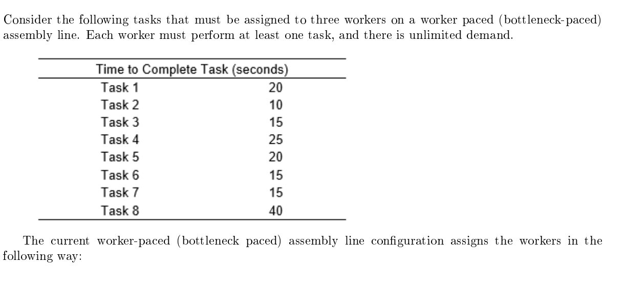  Worker 1: Tasks 1,2 Worker 2: Tasks 3,4,5 Worker 3: Tasks