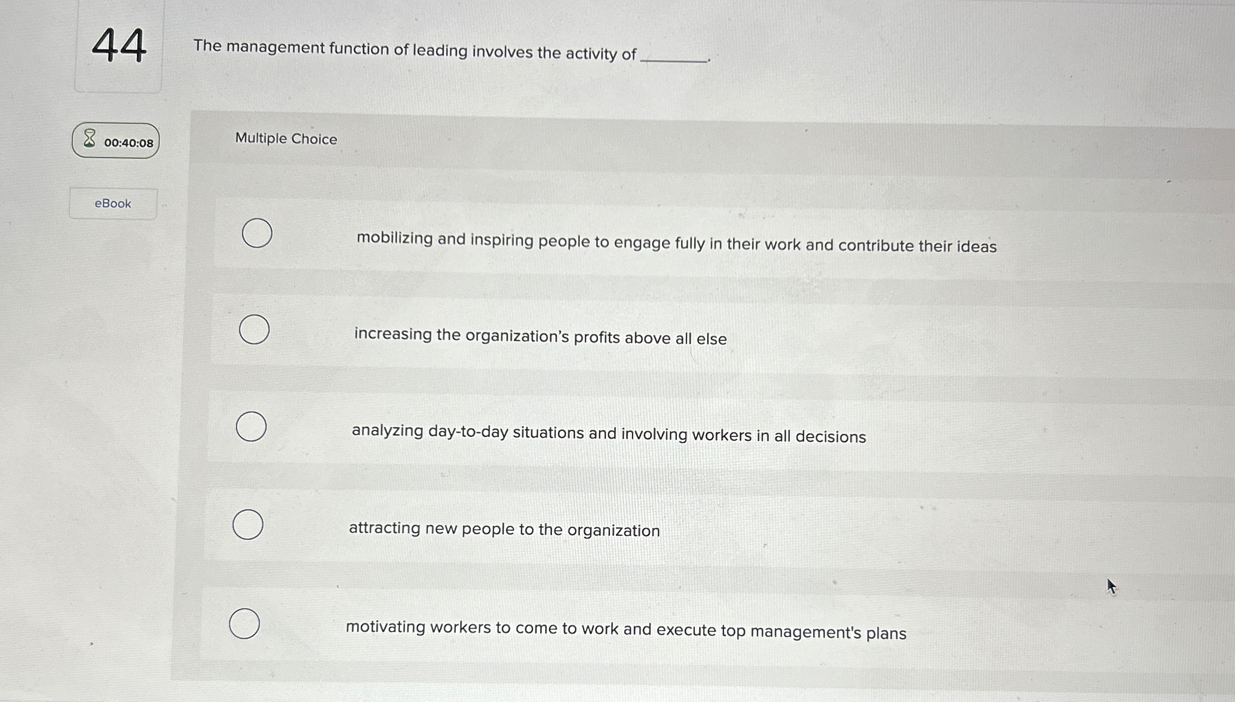  44 The management function of leading involves the activity of 800:40:08