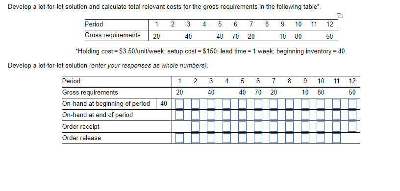  Develop a lot-for-lot solution and calculate total relevant costs for the
