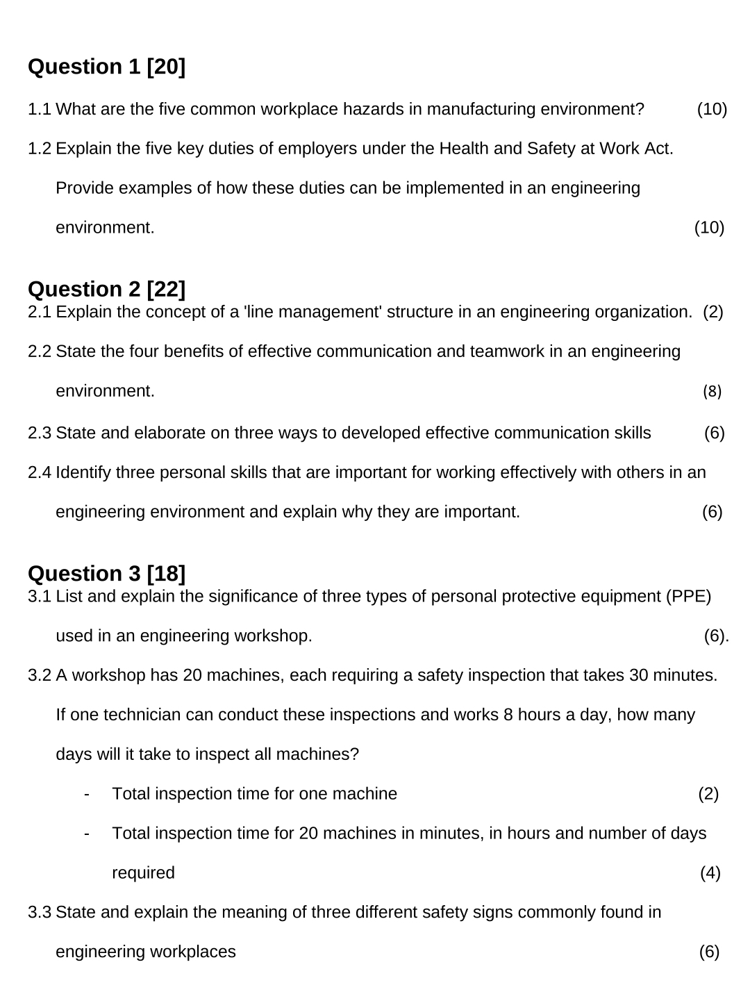  Question 1[20] 1.1 What are the five common workplace hazards in