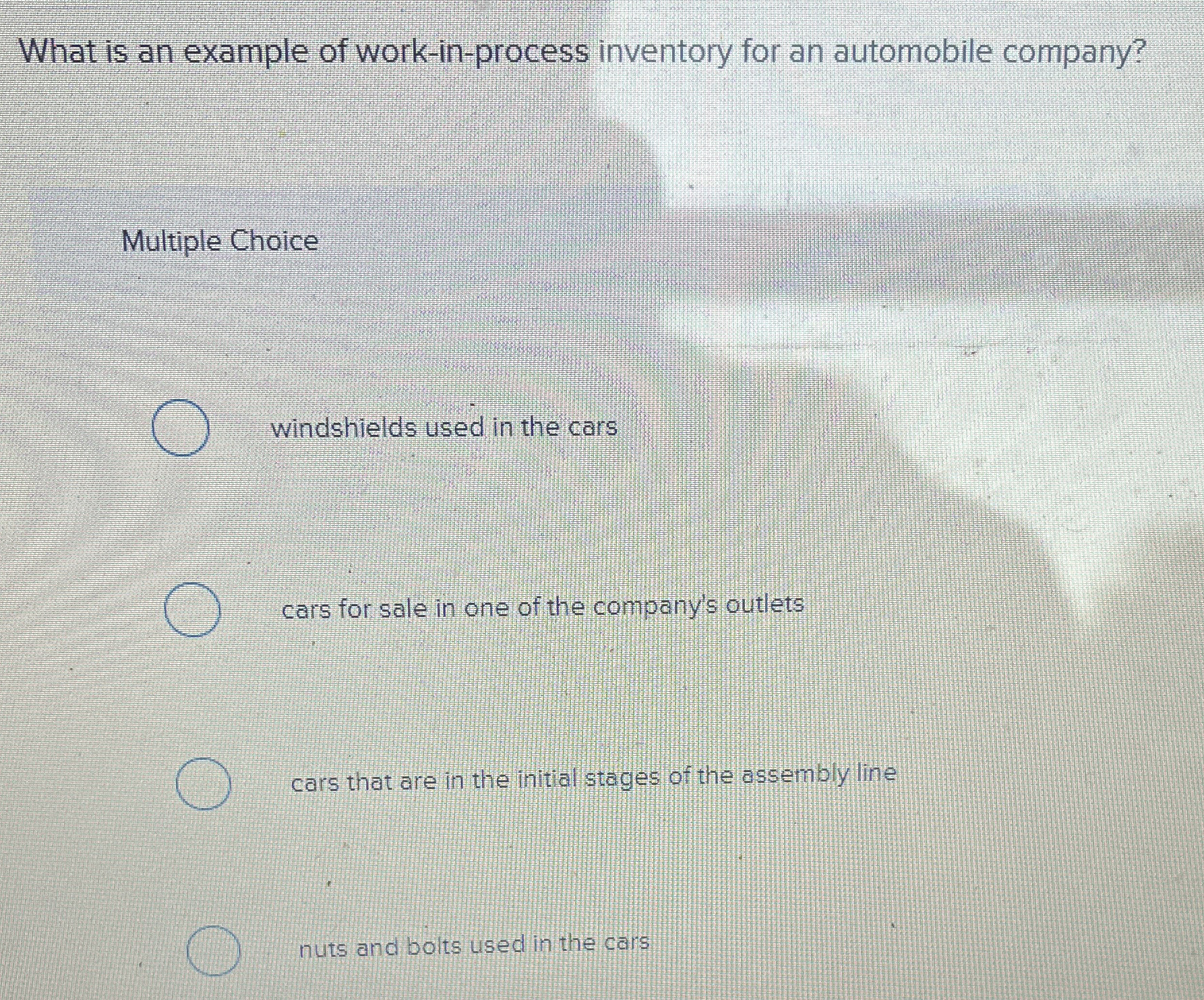  What is an example of work-in-process inventory for an automobile company?