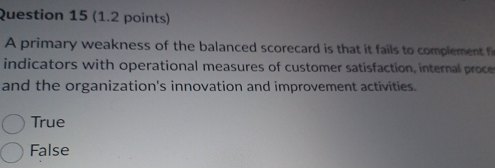  Zuestion 15(1.2 points) A primary weakness of the balanced scorecard is