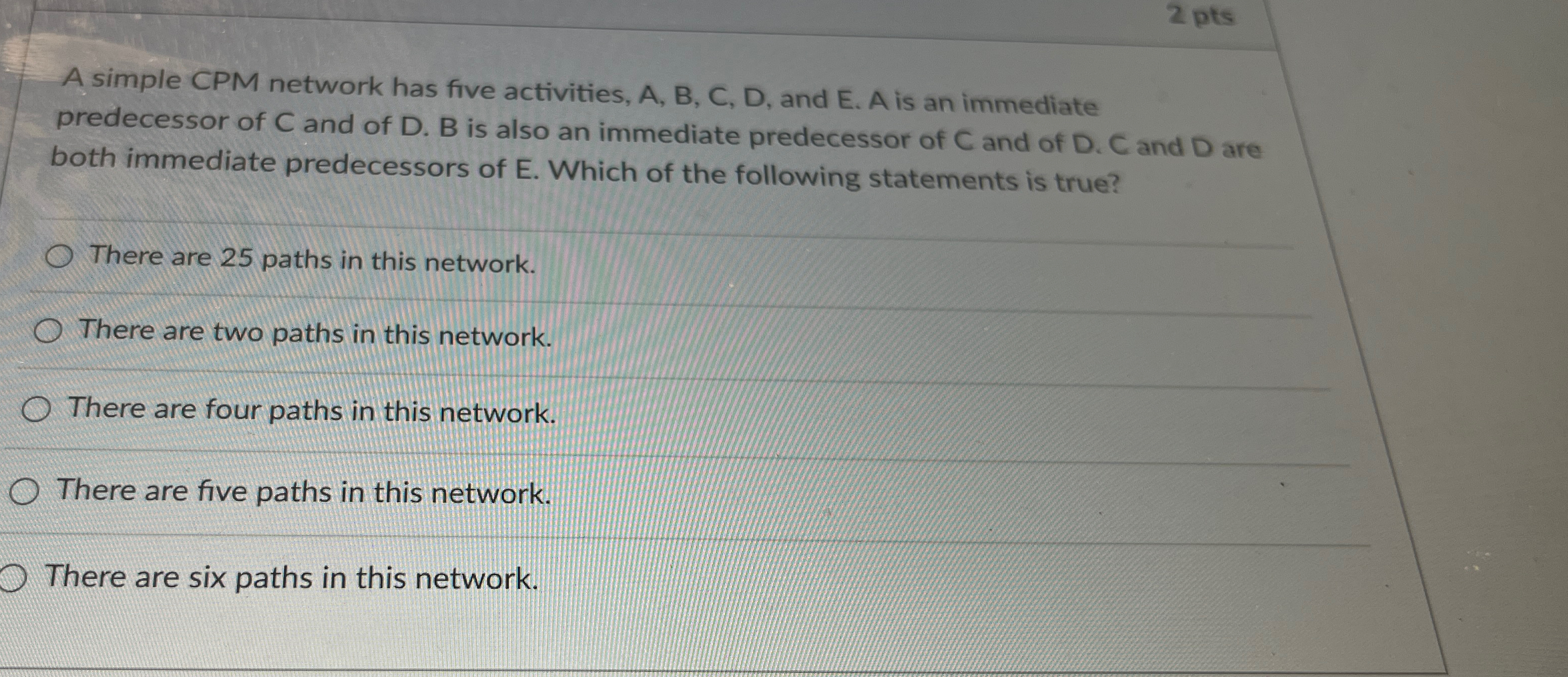  2 pts A simple CPM network has five activities, A, B,
