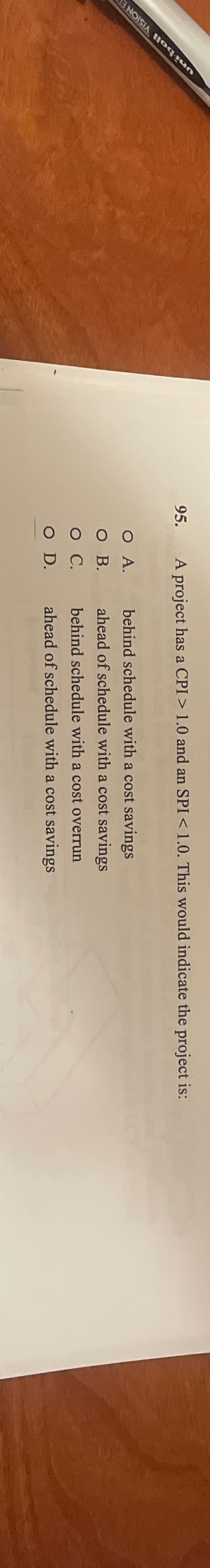  A project has a CPI >1.0 and an SPI 1.0. This
