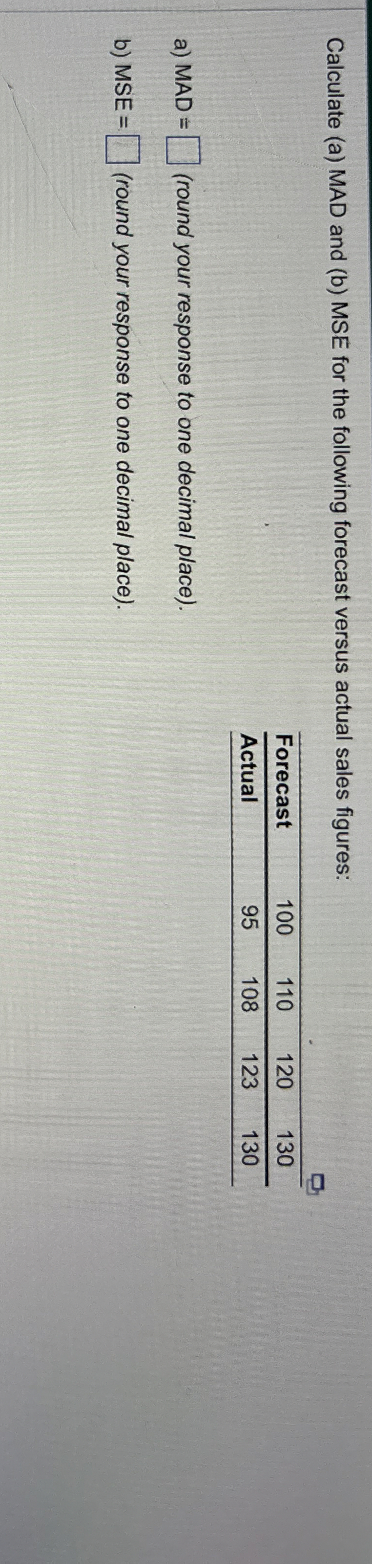 Calculate (a) MAD and (b) MSE for the following forecast versus
