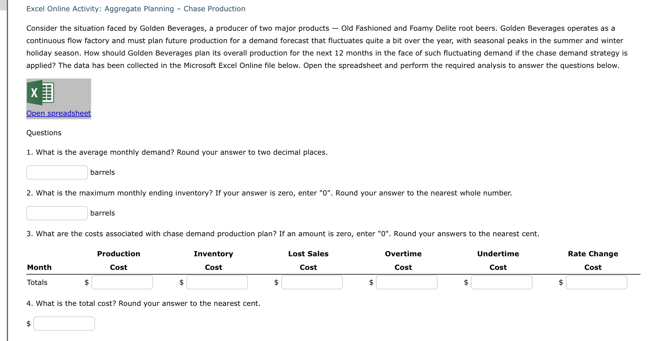  Excel Online Activity: Aggregate Planning - Chase Production Consider the situation