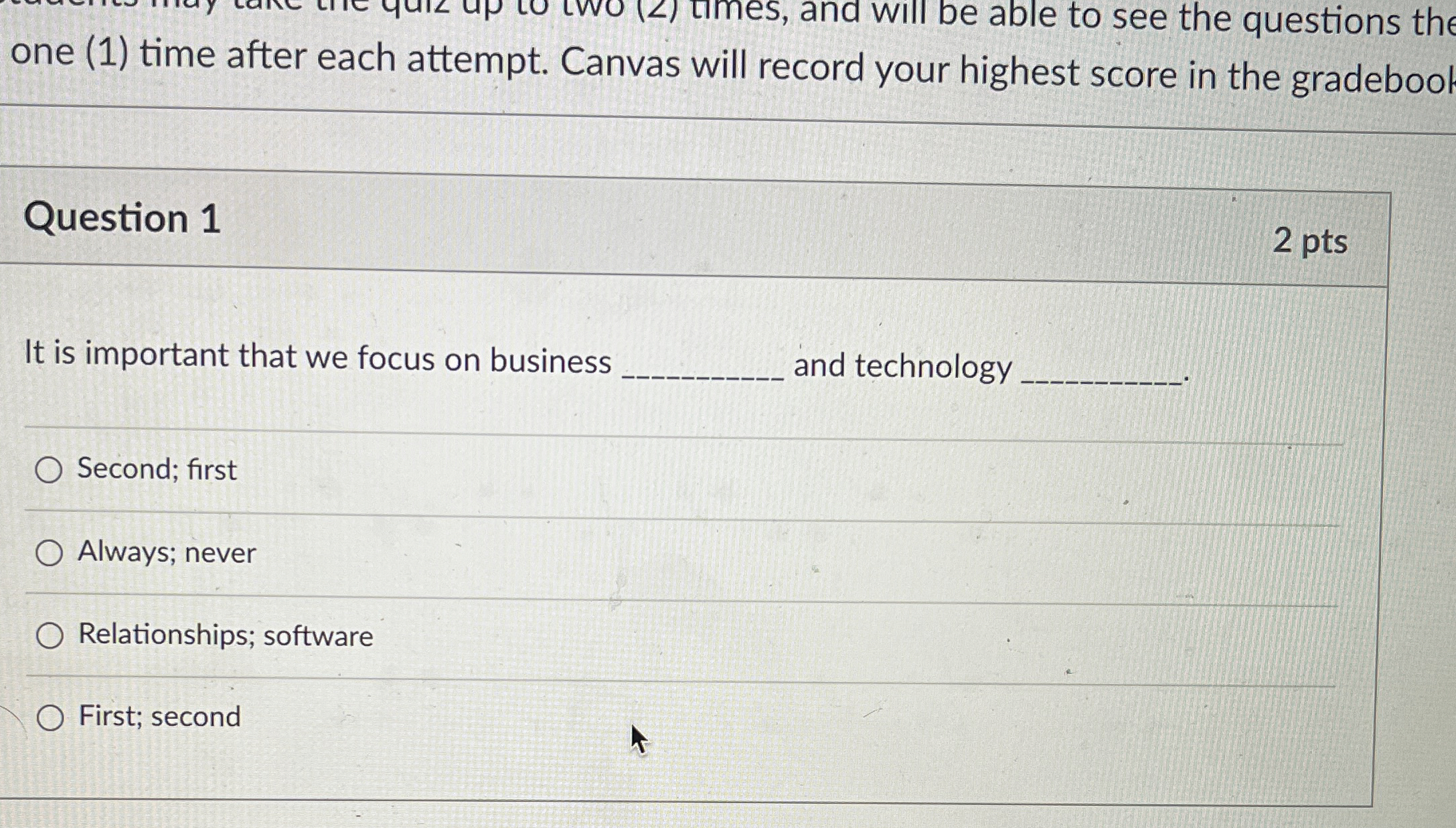  one (1) time after each attempt. Canvas will record your highest