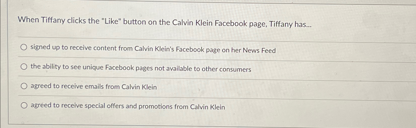  When Tiffany clicks the "Like" button on the Calvin Klein Facebook